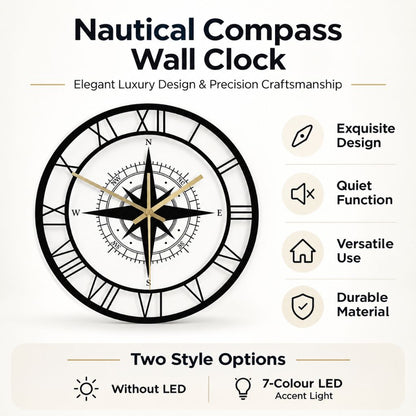 Silent Wall Clock with Wind Rose Design for Home – 12 Inch Round Modern Timepiece – Coastal Decor for Living Room, Kitchen, Study