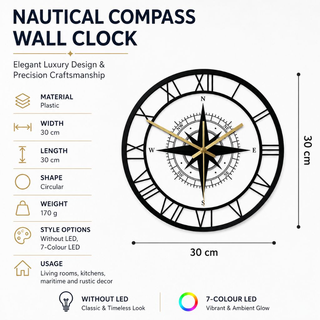 Silent Wall Clock with Wind Rose Design for Home – 12 Inch Round Modern Timepiece – Coastal Decor for Living Room, Kitchen, Study
