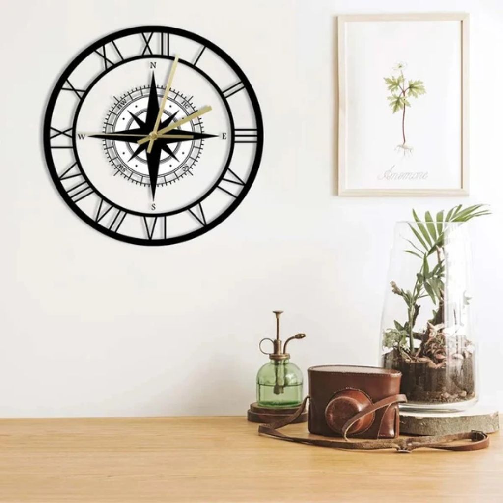 Silent Wall Clock with Wind Rose Design for Home – 12 Inch Round Modern Timepiece – Coastal Decor for Living Room, Kitchen, Study