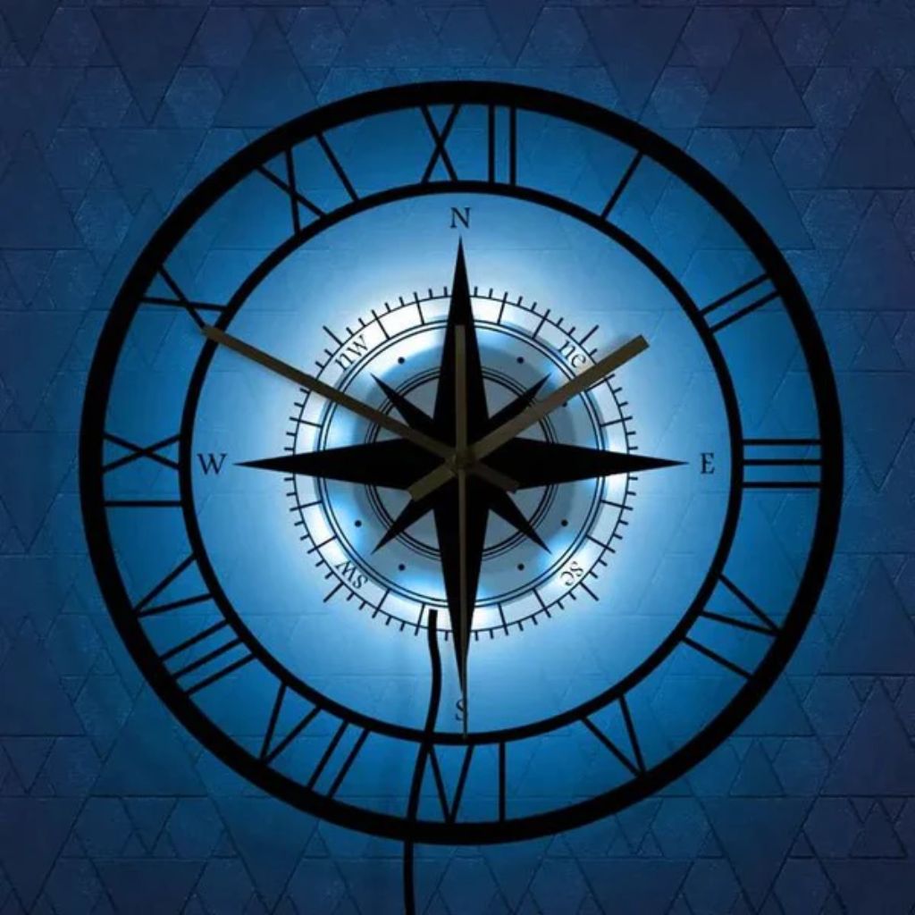 Silent Wall Clock with Wind Rose Design for Home – 12 Inch Round Modern Timepiece – Coastal Decor for Living Room, Kitchen, Study