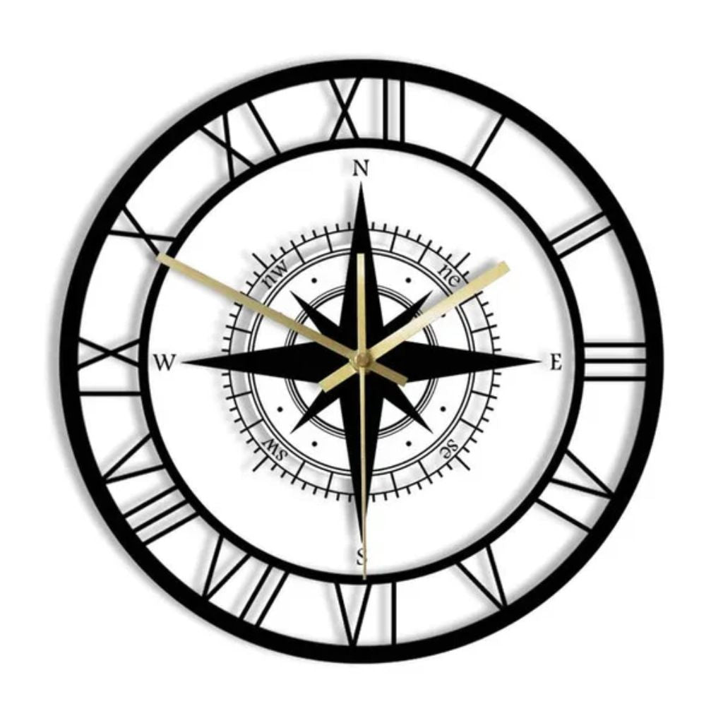 Silent Wall Clock with Wind Rose Design for Home – 12 Inch Round Modern Timepiece – Coastal Decor for Living Room, Kitchen, Study