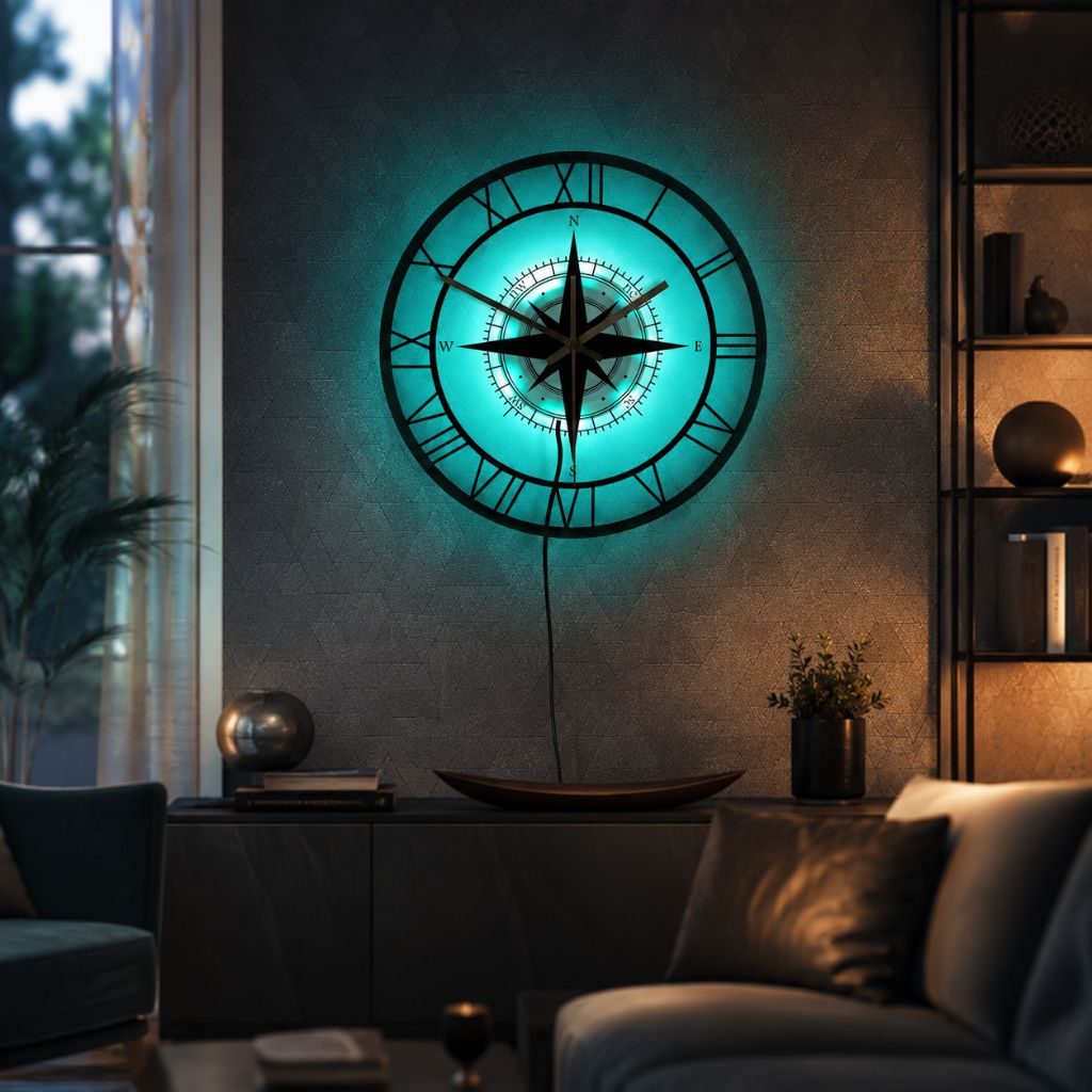 Silent Wall Clock with Wind Rose Design for Home – 12 Inch Round Modern Timepiece – Coastal Decor for Living Room, Kitchen, Study