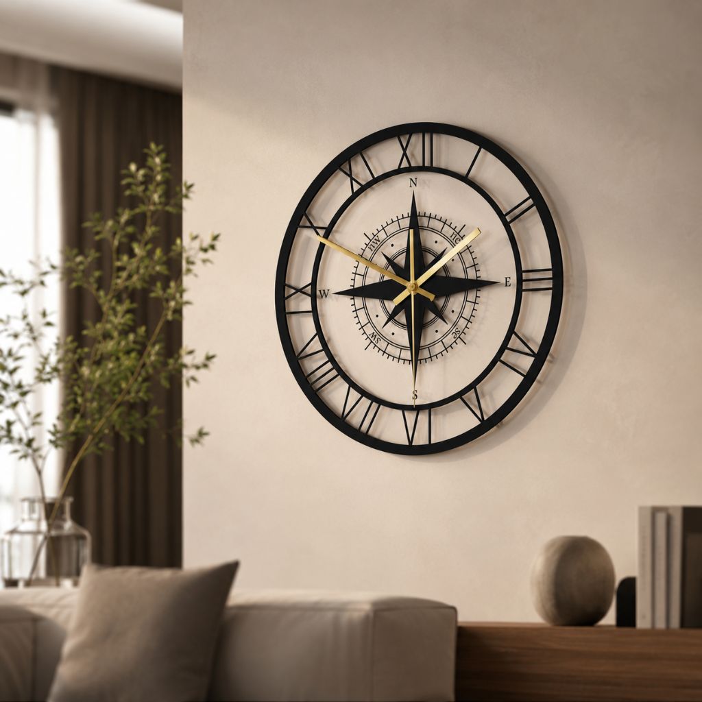 Silent Wall Clock with Wind Rose Design for Home – 12 Inch Round Modern Timepiece – Coastal Decor for Living Room, Kitchen, Study