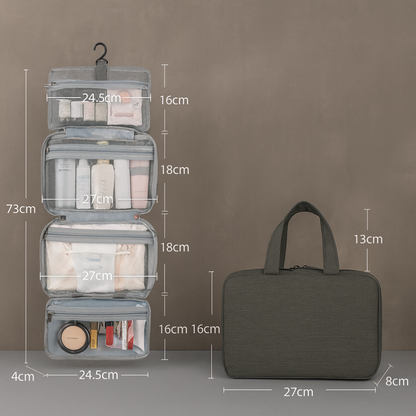 Compact Roll-Up Travel Toiletry Organizer with Hook & Clear Compartments for Bathroom Essentials