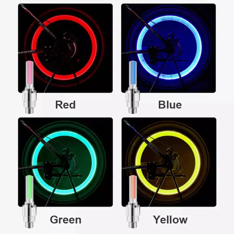 Vibration-Sensing Tire Valve Cap Lights for Bikes & Motorcycles – Auto-On LED Wheel Markers in Red, Blue, Yellow, Green for Nighttime