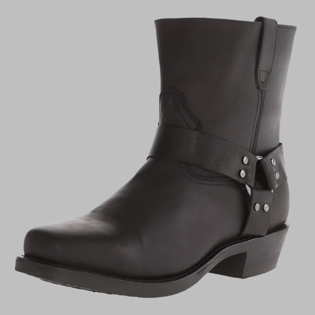 Men's Slip-On Western Harness Boots – Genuine Leather, Low Heel, Mid-Calf Height for Casual & Outdoor Wear