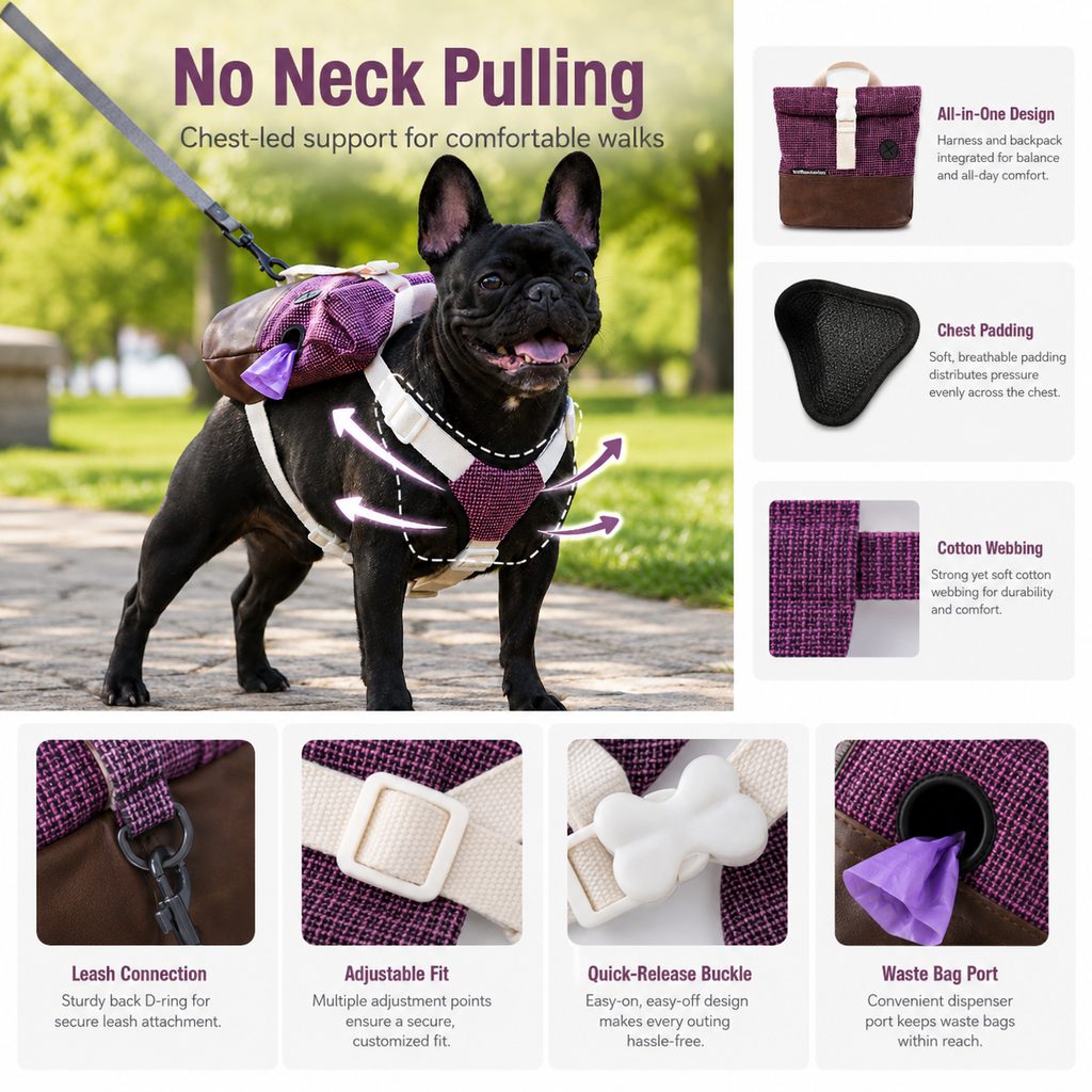 Ortekor Frenchie Adventure Backpack Harness for Daily Walks - Carry Poop Bags, Treats & Keys Without Neck Pulling