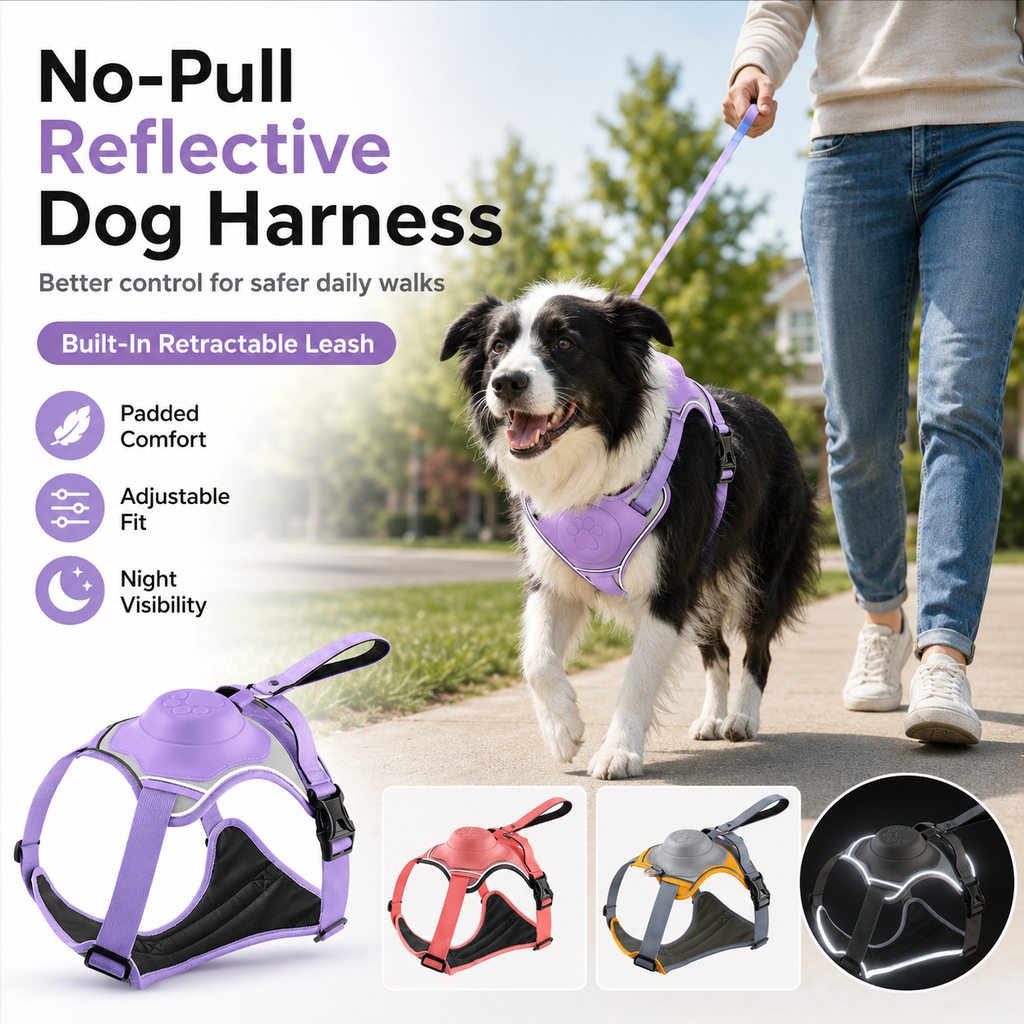 Ortekor No-Pull Reflective Dog Harness with Built-In Retractable Leash for Safer Daily Walks