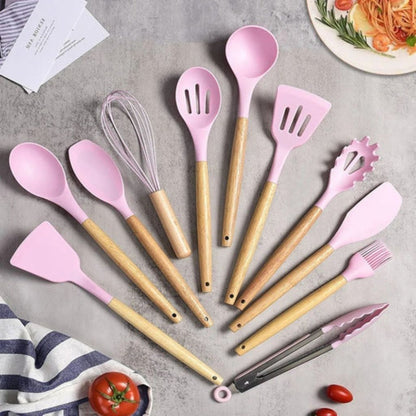 11-Piece Silicone Kitchen Utensil Set with Natural Wood Handles – Heat-Safe to 450°F, Dishwasher Safe, Non-Stick Friendly Tool Kit for