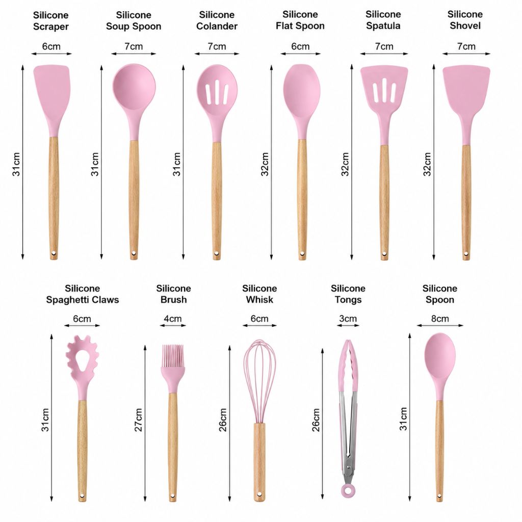 11-Piece Silicone Kitchen Utensil Set with Natural Wood Handles – Heat-Safe to 450°F, Dishwasher Safe, Non-Stick Friendly Tool Kit for