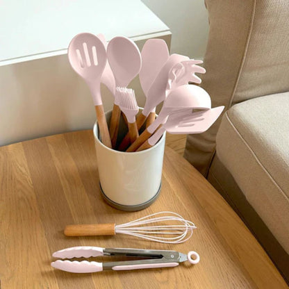 11-Piece Silicone Kitchen Utensil Set with Natural Wood Handles – Heat-Safe to 450°F, Dishwasher Safe, Non-Stick Friendly Tool Kit for