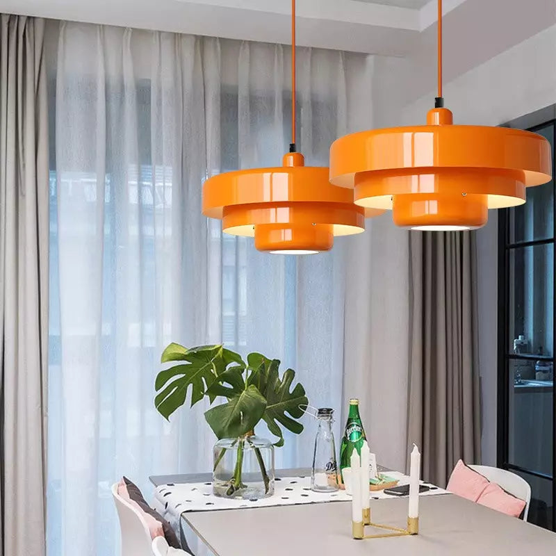 Layered Metal Ceiling Fixture 14-Inch Diameter Adjustable Cord Iron Shade for Kitchen Island Dining Table Home Office Retro Geometric Overhe