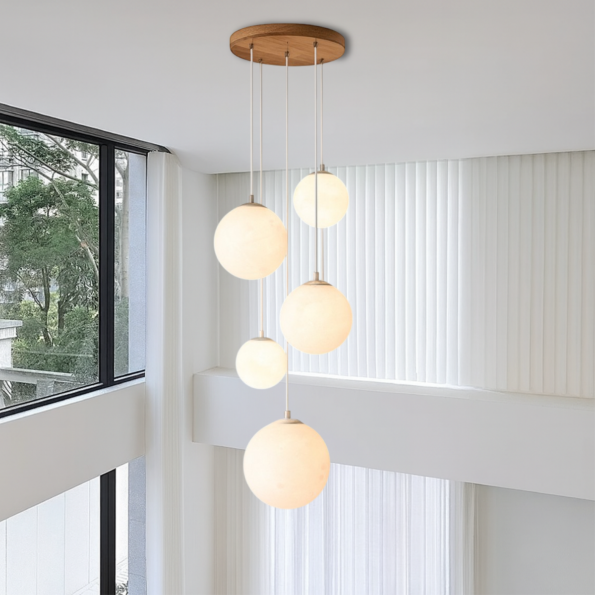 Cascading Glass Globe Pendant Light – 5-Tier Chandelier for Stairwell & High Ceiling | Modern Sphere LED Fixture