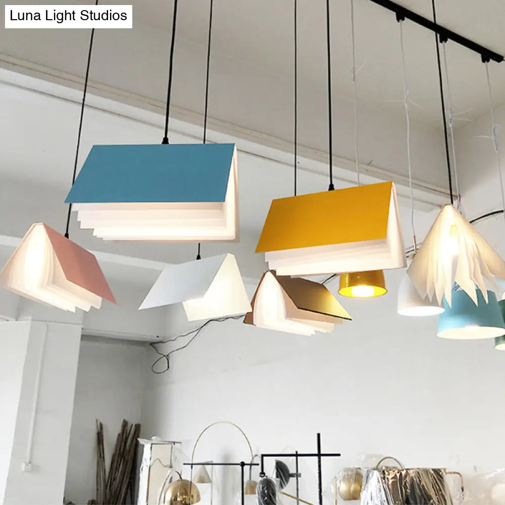 Book-Shaped Ceiling Pendant Light, LED Compatible Hanging Fixture for Kitchen Island, Dining Room and Bedroom, Plastic Shade with Round
