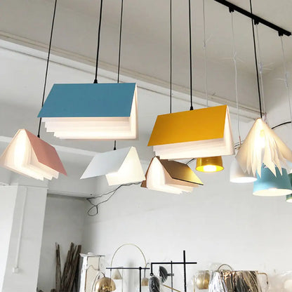 Book-Shaped Ceiling Pendant Light, LED Compatible Hanging Fixture for Kitchen Island, Dining Room and Bedroom, Plastic Shade with Round
