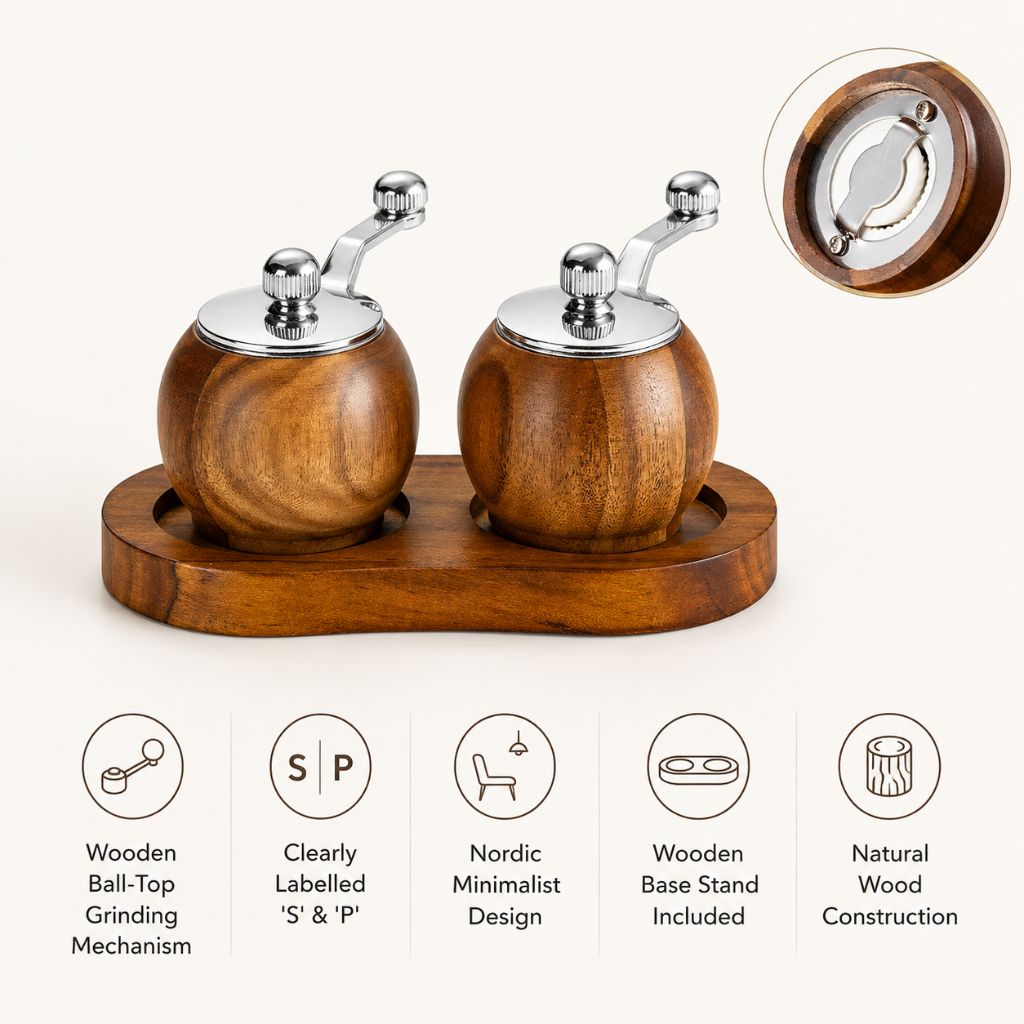 Wood Salt & Pepper Grinder Set with Stand Hand-Crank Mills for Kitchen Table Dining Countertop Seasoning Display