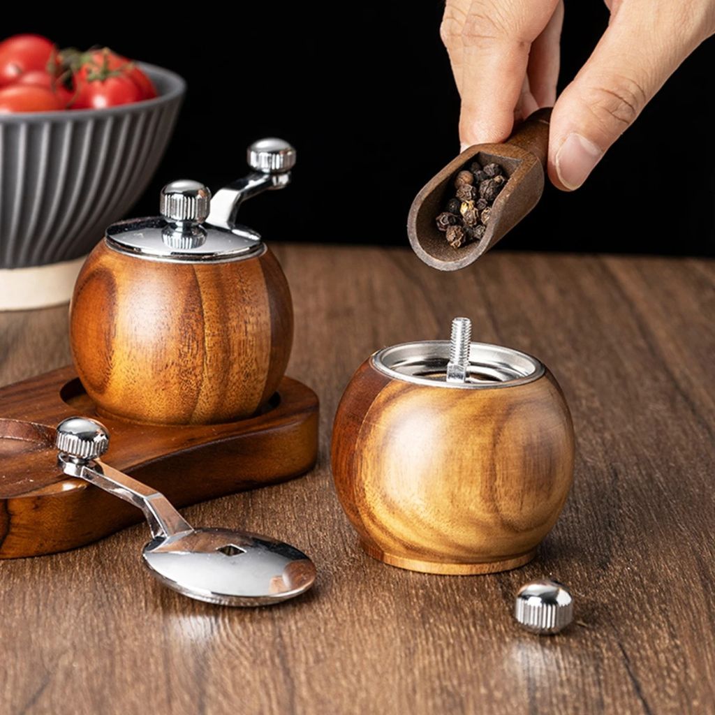 Wood Salt & Pepper Grinder Set with Stand Hand-Crank Mills for Kitchen Table Dining Countertop Seasoning Display