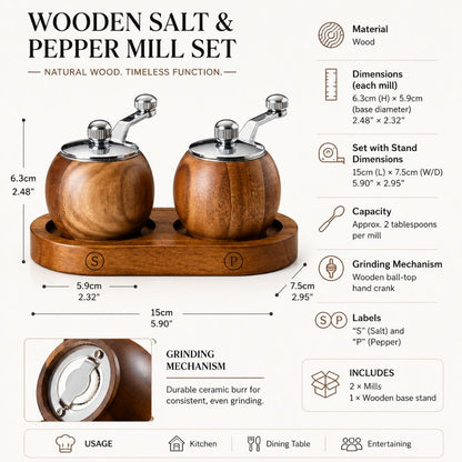 Wood Salt & Pepper Grinder Set with Stand Hand-Crank Mills for Kitchen Table Dining Countertop Seasoning Display