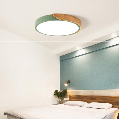 Modern Flush-Mount LED Ceiling Light with Wood Accent – Round Dome Design for Bedroom, Living Room & Office
