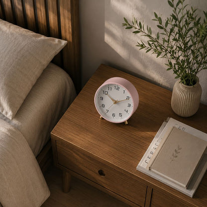 Contemporary Desk Clock Silent Sweep Movement Metal Frame Glass Face 6 Colors Bedroom Office Nightstand Quiet Timepiece Minimalist
