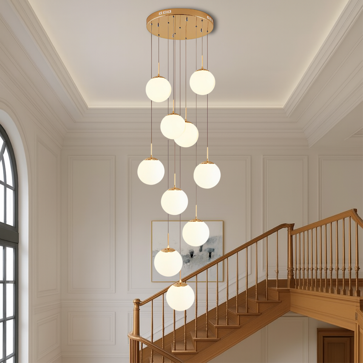 Cascading Glass Globe Chandelier with Adjustable Height LED Stairwell Lighting for Entryways & High Ceilings