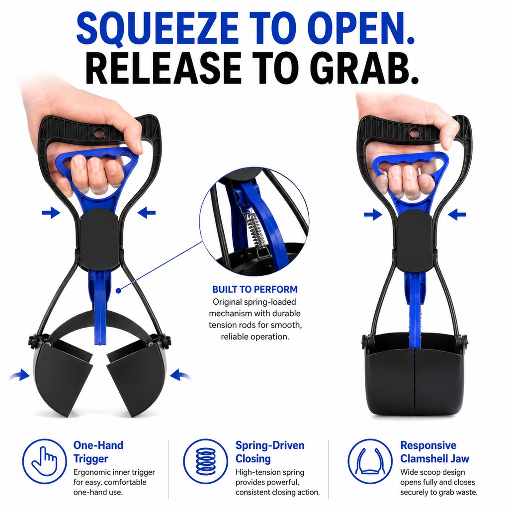 Ortekor Foldable Long-Handle Dog Pooper Scooper for Yard & Walks - One-Hand Bag-Lined Pickup