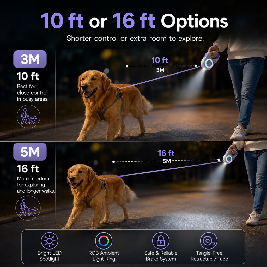Ortekor LED Retractable Dog Leash for Night Walks - Light-Up Dog Leash with Built-In Spotlight, RGB Side Glow & One-Touch Brake for Safer Evening Walks