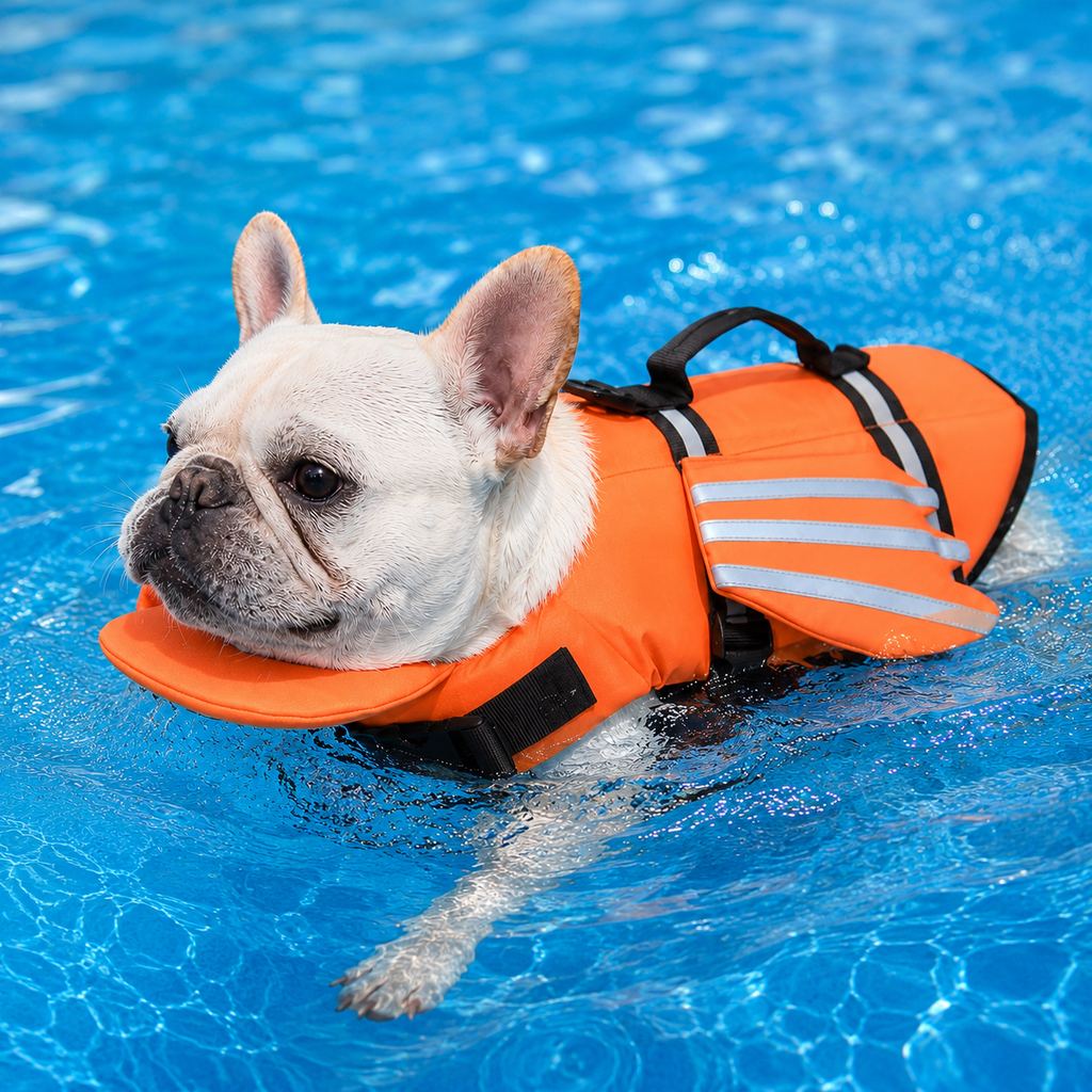 Ortekor French Bulldog Pool & Beach Reflective Angel-Wing Dog Life Jacket - Chin Float Support for Flat-Faced Dogs