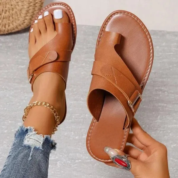 Women's Leather Slide Sandals with Adjustable Straps - Orthopedic Arch Support Slippers for All-Day Comfort & Pain Relief