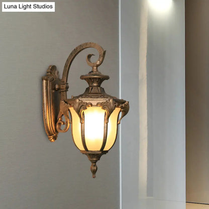 Outdoor Wall Sconce with Curved Arm and Frosted Glass Shade - Porch Lantern for Front Door, Patio, Entryway, or Garage - Vintage Rustic