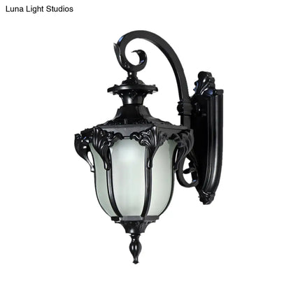 Outdoor Wall Sconce with Curved Arm and Frosted Glass Shade - Porch Lantern for Front Door, Patio, Entryway, or Garage - Vintage Rustic