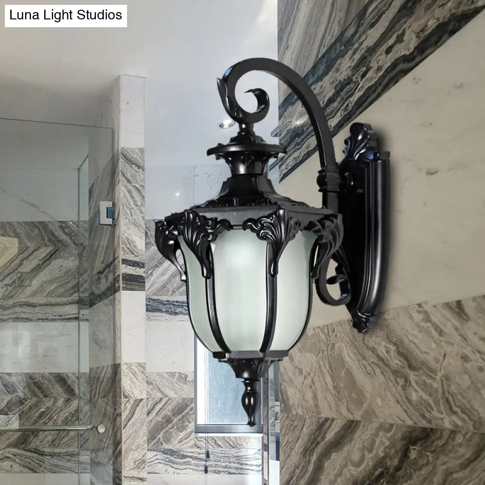 Outdoor Wall Sconce with Curved Arm and Frosted Glass Shade - Porch Lantern for Front Door, Patio, Entryway, or Garage - Vintage Rustic