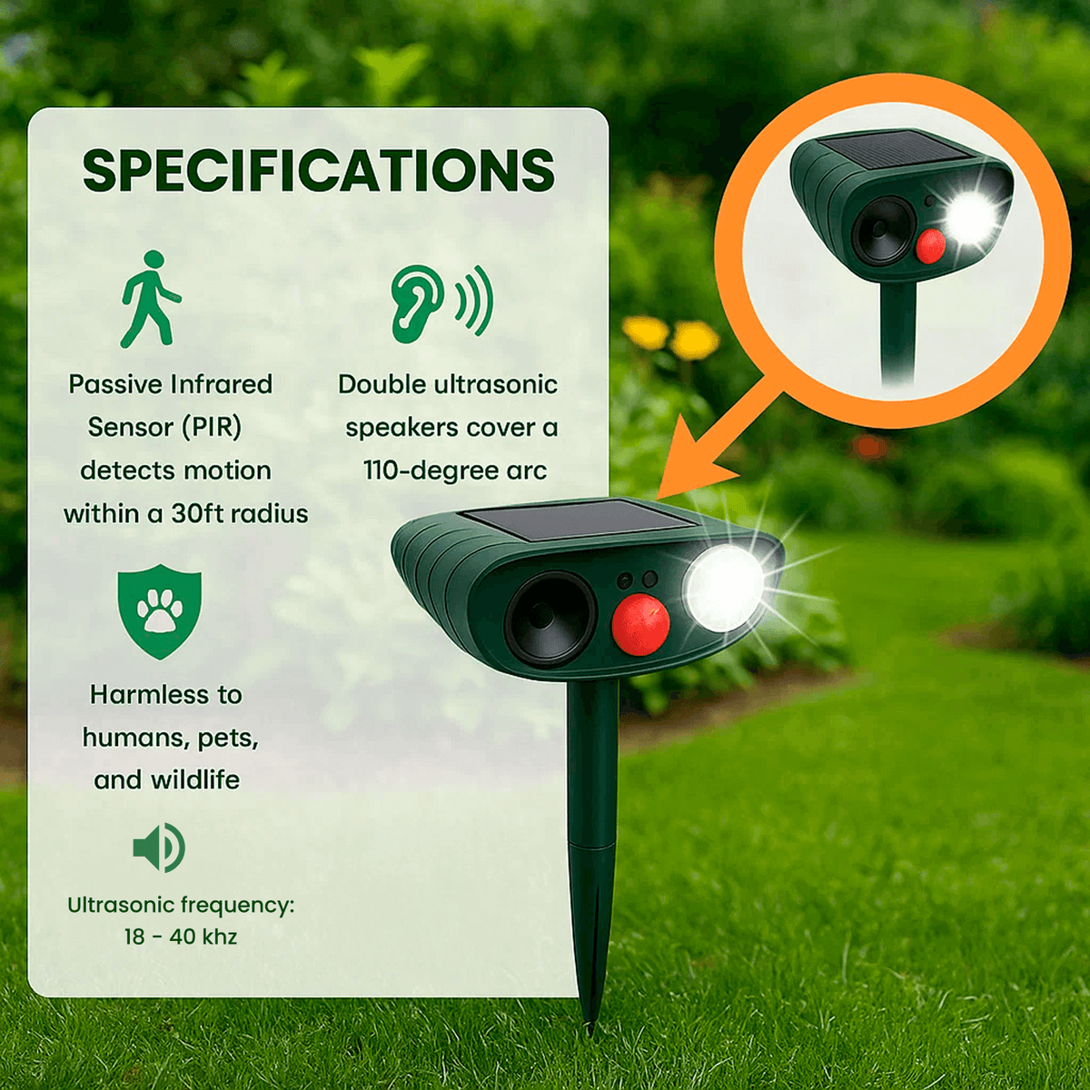 Motion-Activated Animal Deterrent with Solar Panel for Yard Protection | Ultrasonic Pest Control Device for Deer Dogs Raccoons