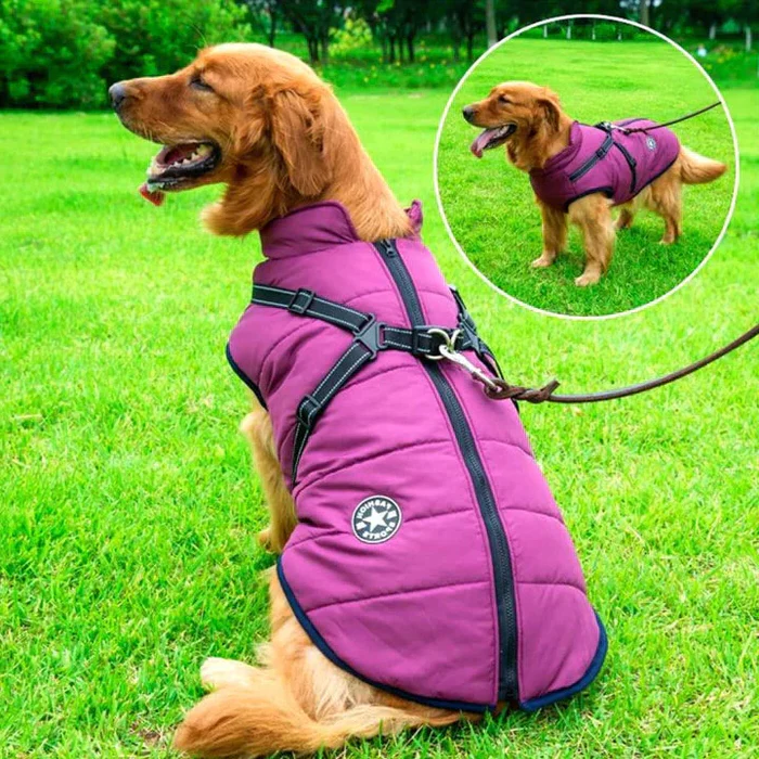 Cold-Weather Dog Coat with Sherpa Lining & Leash Harness – All-Breed Insulated Pet Jacket for Rain, Snow & Wind