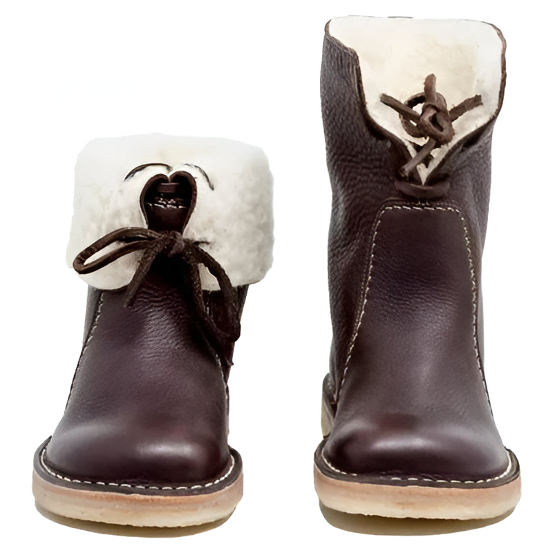 Women's Waterproof Leather Ankle Boots with Natural Wool Lining – Handcrafted Winter Footwear with Adjustable Fold-Over Collar for Cold