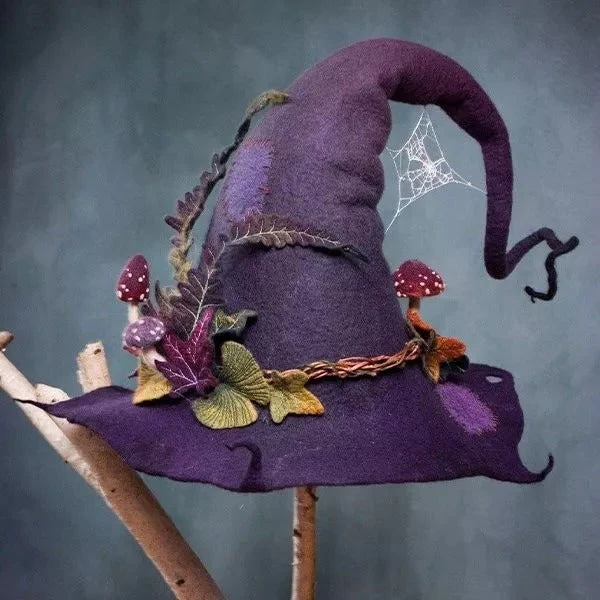Handcrafted Merino Wool Pointed Costume Hat for Women Adults Halloween Party Cosplay Adjustable Headwear Purple Red Blue Brown