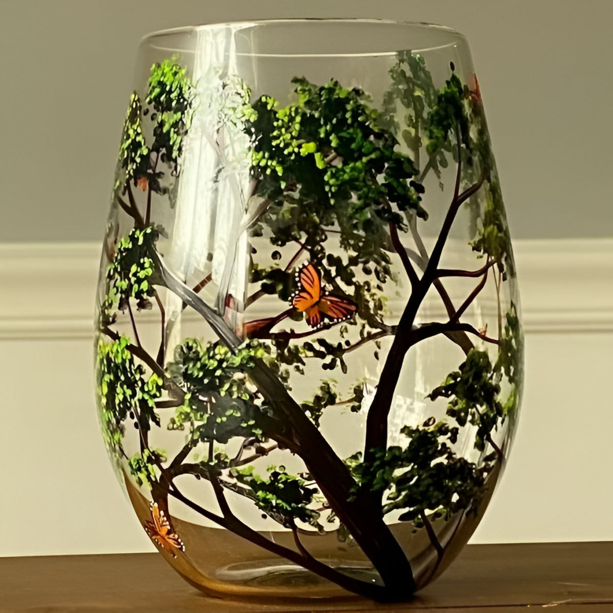 Hand-Painted Seasonal Tree Wine Glass Set – Artistic Stemmed or Stemless Design for Home Entertaining & Collectors