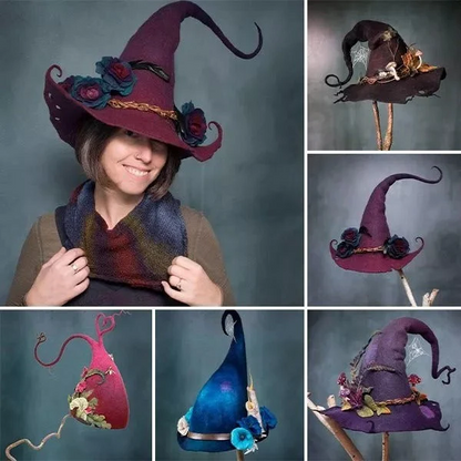 Handcrafted Merino Wool Pointed Costume Hat for Women Adults Halloween Party Cosplay Adjustable Headwear Purple Red Blue Brown