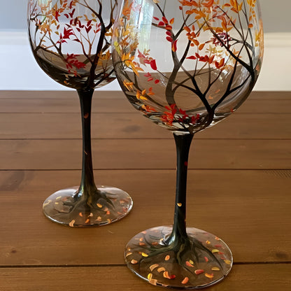 Hand-Painted Seasonal Tree Wine Glass Set – Artistic Stemmed or Stemless Design for Home Entertaining & Collectors
