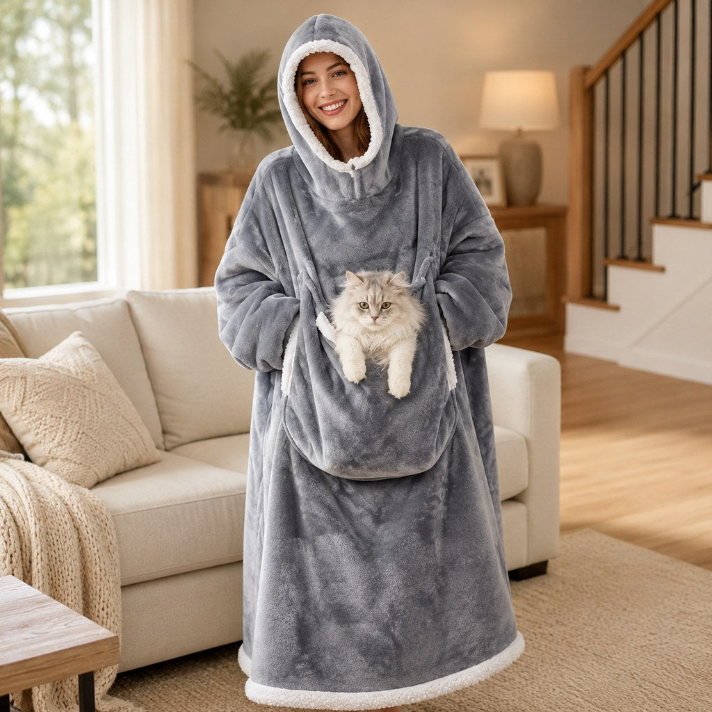 Ortekor Oversized Sherpa Wearable Blanket Hoodie with Pet Pouch for Cats & Small Pets – Extra-Long Cozy Lounger for Couch, TV & Cold Nights