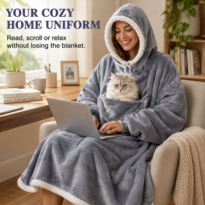 Ortekor Oversized Sherpa Wearable Blanket Hoodie with Pet Pouch for Cats & Small Pets – Extra-Long Cozy Lounger for Couch, TV & Cold Nights