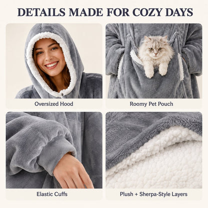 Ortekor Oversized Sherpa Wearable Blanket Hoodie with Pet Pouch for Cats & Small Pets – Extra-Long Cozy Lounger for Couch, TV & Cold Nights