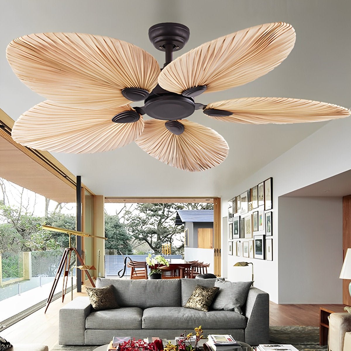 52-Inch Remote Control Tropical Leaf Ceiling Fan with Whisper-Quiet DC Motor for Bedrooms, Living Rooms | Natural Brown Palm Style Cooling F