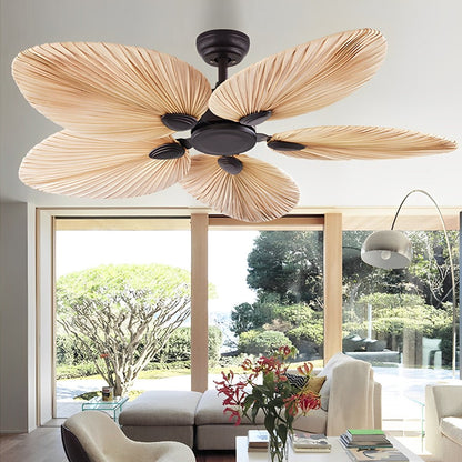 52-Inch Remote Control Tropical Leaf Ceiling Fan with Whisper-Quiet DC Motor for Bedrooms, Living Rooms | Natural Brown Palm Style Cooling F
