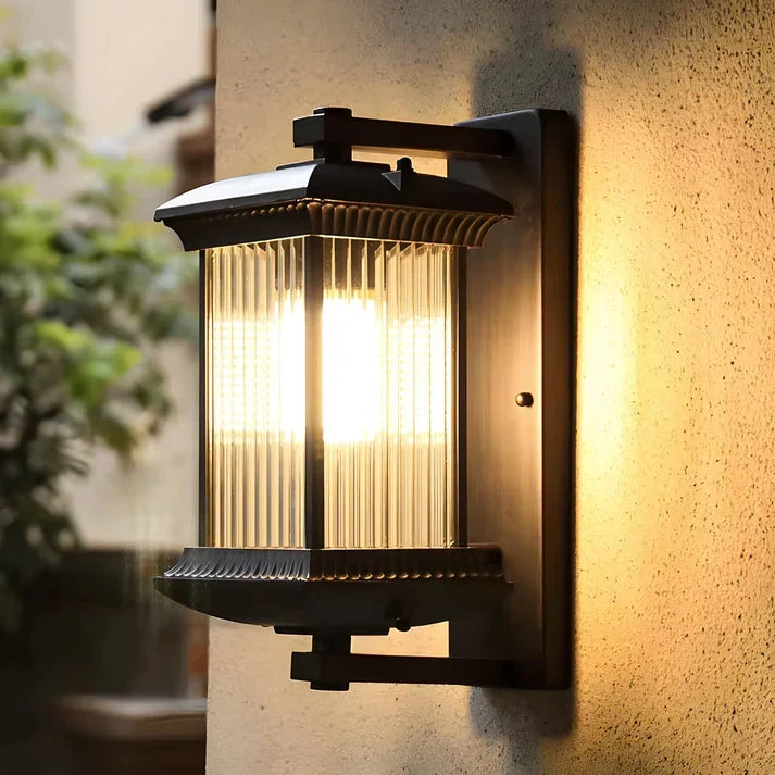 Outdoor Wall Lantern with Ribbed Glass Panels and Coffee Bronze Finish for Entryway, Patio and Garden | E27 Socket 85-265V AC