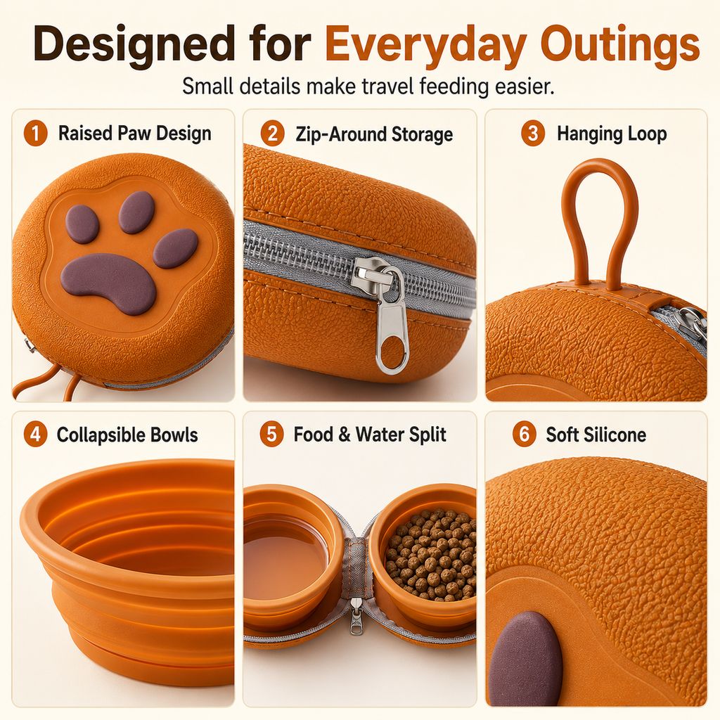 Ortekor Paw-Shaped Collapsible Pet Travel Bowl Set for Walks, Camping & Road Trips - Feed Anywhere Without Bulky Bowls