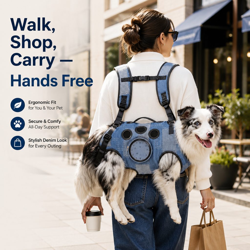 Ortekor PawLift Denim Hands-Free Dog Carrier Backpack Harness for Walks, Shopping & Outdoor Trips - Carry Tired Dogs Without Arm Strain