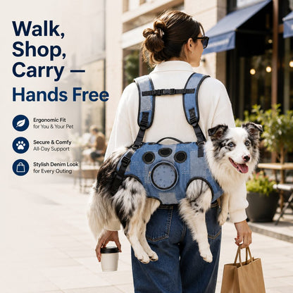 Ortekor PawLift Denim Hands-Free Dog Carrier Backpack Harness for Walks, Shopping & Outdoor Trips - Carry Tired Dogs Without Arm Strain