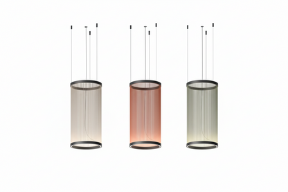 Lustre à abat-jour en tissu superposé avec LED intégrée pour salles à manger, îlots de cuisine et hauts plafonds | Suspension moderne à câbles réglables multi-niveaux