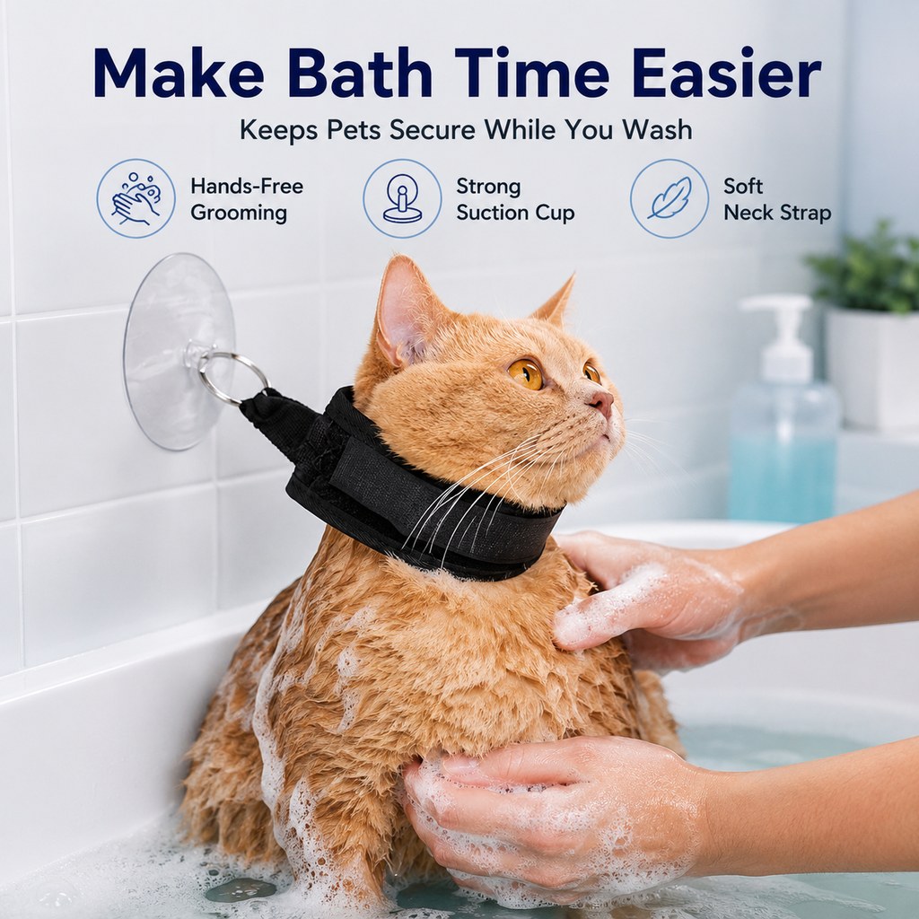 Ortekor Pet Bathing Restraint with Suction Cup for Cats & Small Dogs - Hands-Free Grooming Collar to Help Prevent Escapes During Bath Time